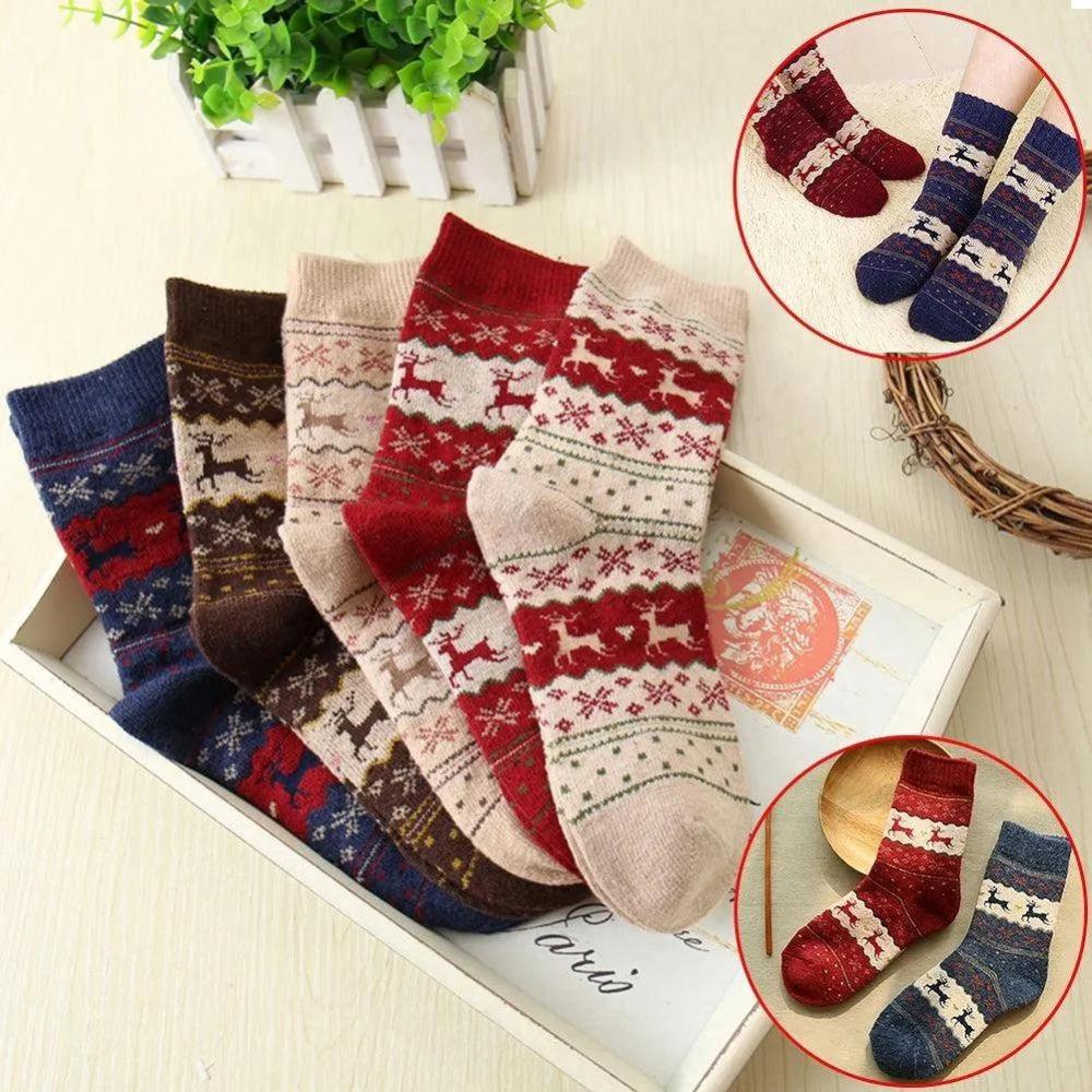 1 Pair Christmas Socks Snowflake Deer Cotton Wool Winter Warm Womens Gifts