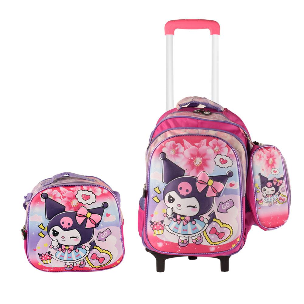 3D CAT 3PCS Detachable Rolling Backpack for Girls With Lunch Bag Pencil Case 2Wheels Roll With Light RGB