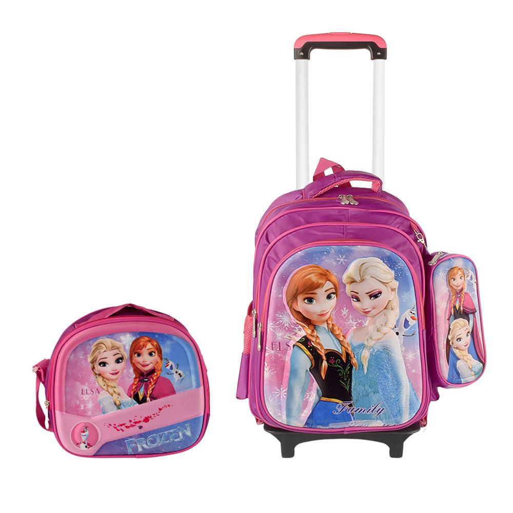 3D Girly 3PCS Detachable Rolling Backpack for Girls With Lunch Bag Pencil Case 2Wheels Roll