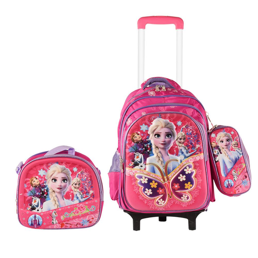 3D Girly 3PCS Detachable Rolling Backpack for Girls With Lunch Bag Pencil Case 2Wheels Roll