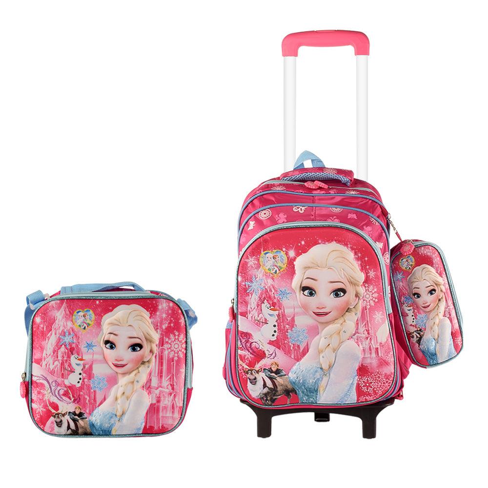 3D Girly 3PCS Detachable Rolling Backpack for Girls With Lunch Bag Pencil Case 2Wheels Roll