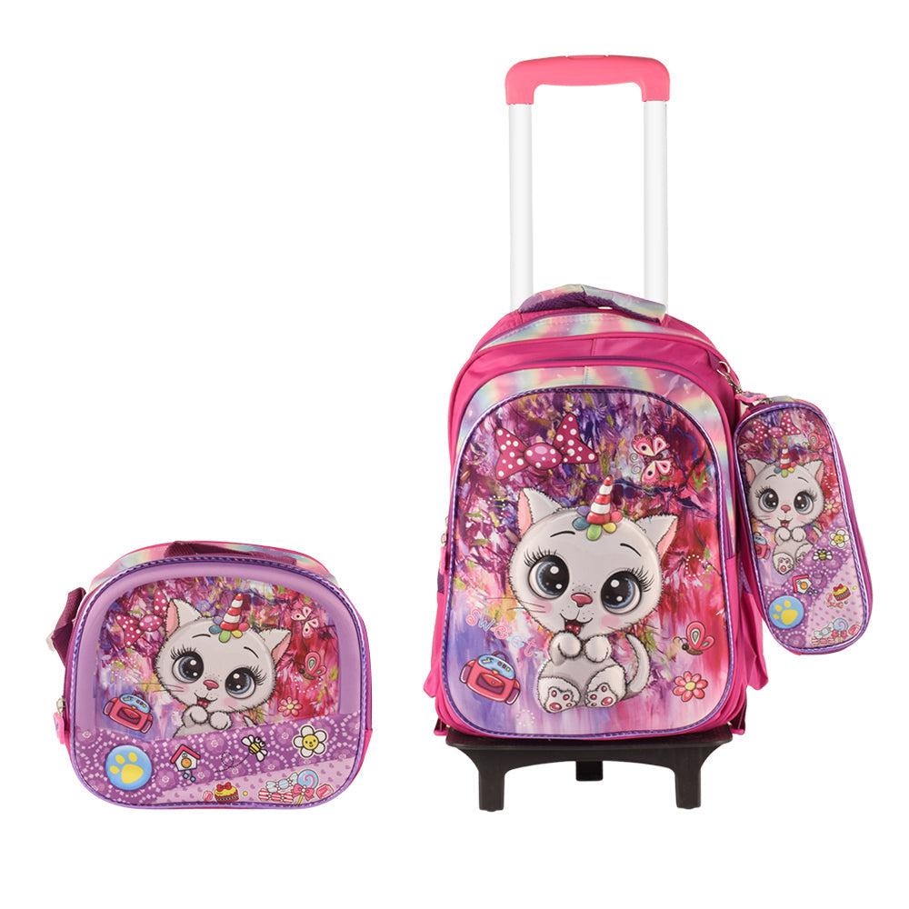 3D Girly 3PCS Detachable Rolling Backpack for Girls With Lunch Bag Pencil Case 2Wheels Roll