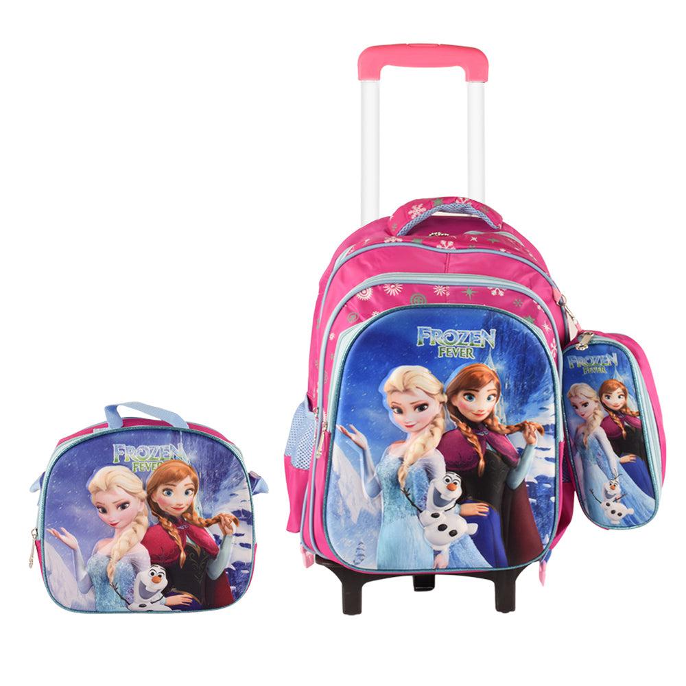 3D Girly 3PCS Detachable Rolling Backpack for Girls With Lunch Bag Pencil Case 2Wheels Roll