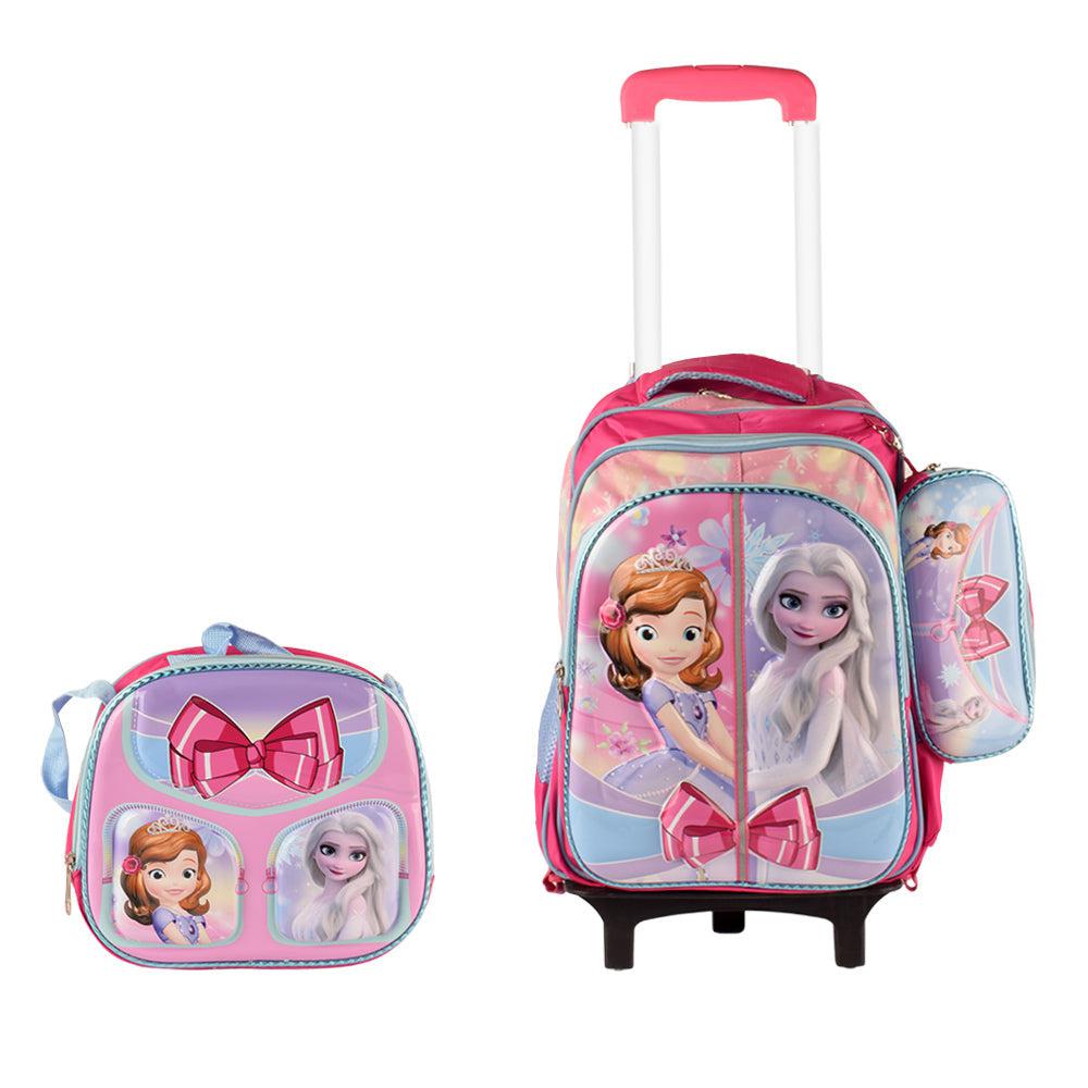 3D Girly 3PCS Detachable Rolling Backpack for Girls With Lunch Bag Pencil Case 2Wheels Roll