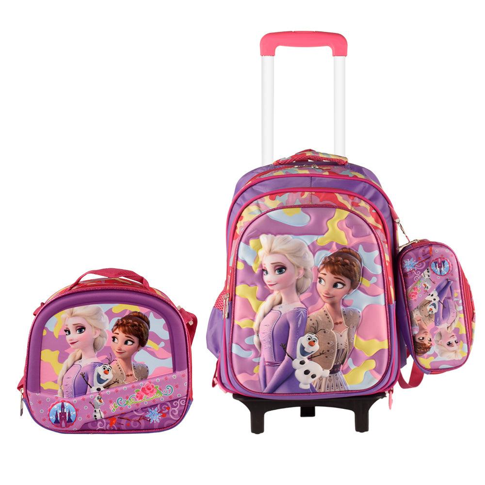 3D Girly 3PCS Detachable Rolling Backpack for Girls With Lunch Bag Pencil Case 2Wheels Roll