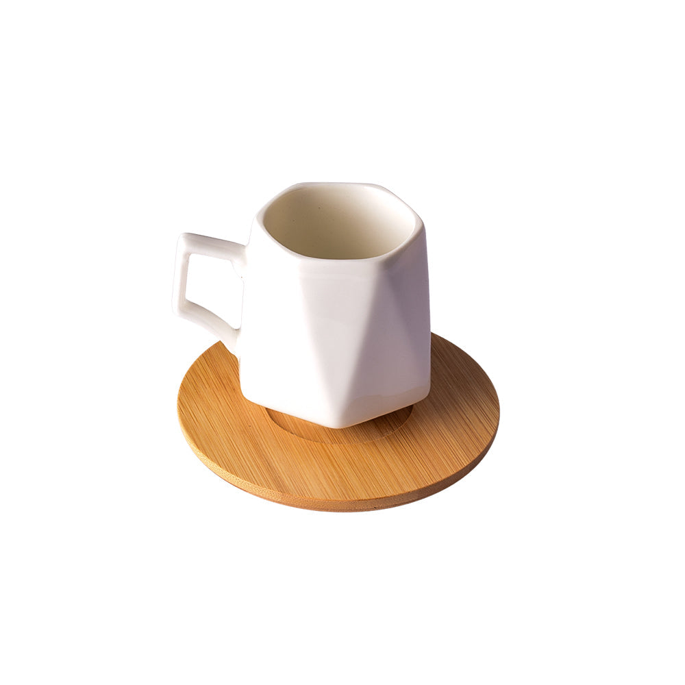 6 White Cups With Wooden Aprons