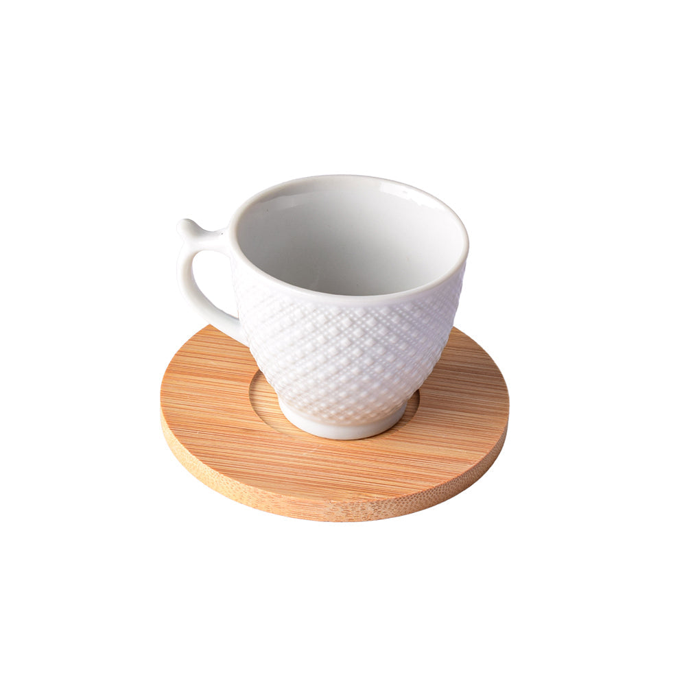 6 White Cups with Wooden Aprons