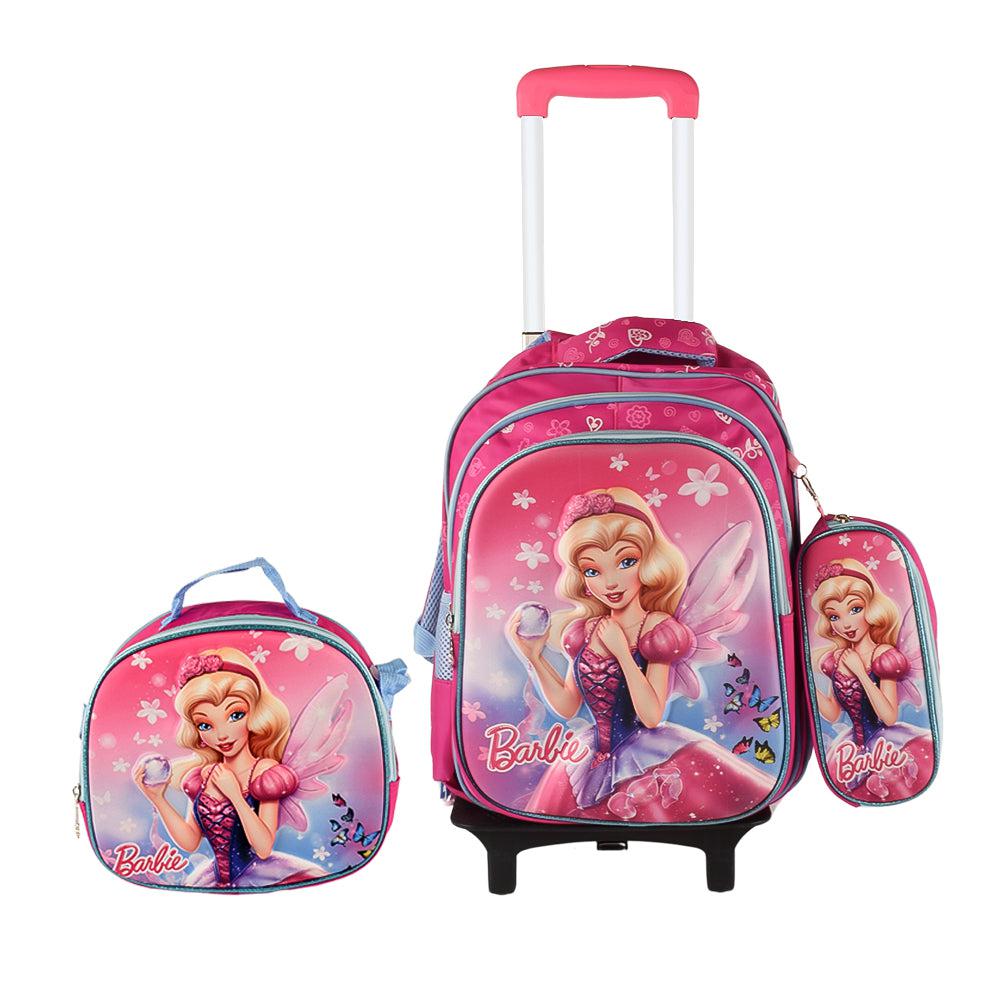 Barbie 3PCS Detachable Rolling Backpack for Girls With Lunch Bag Pencil Case 2Wheels Roll