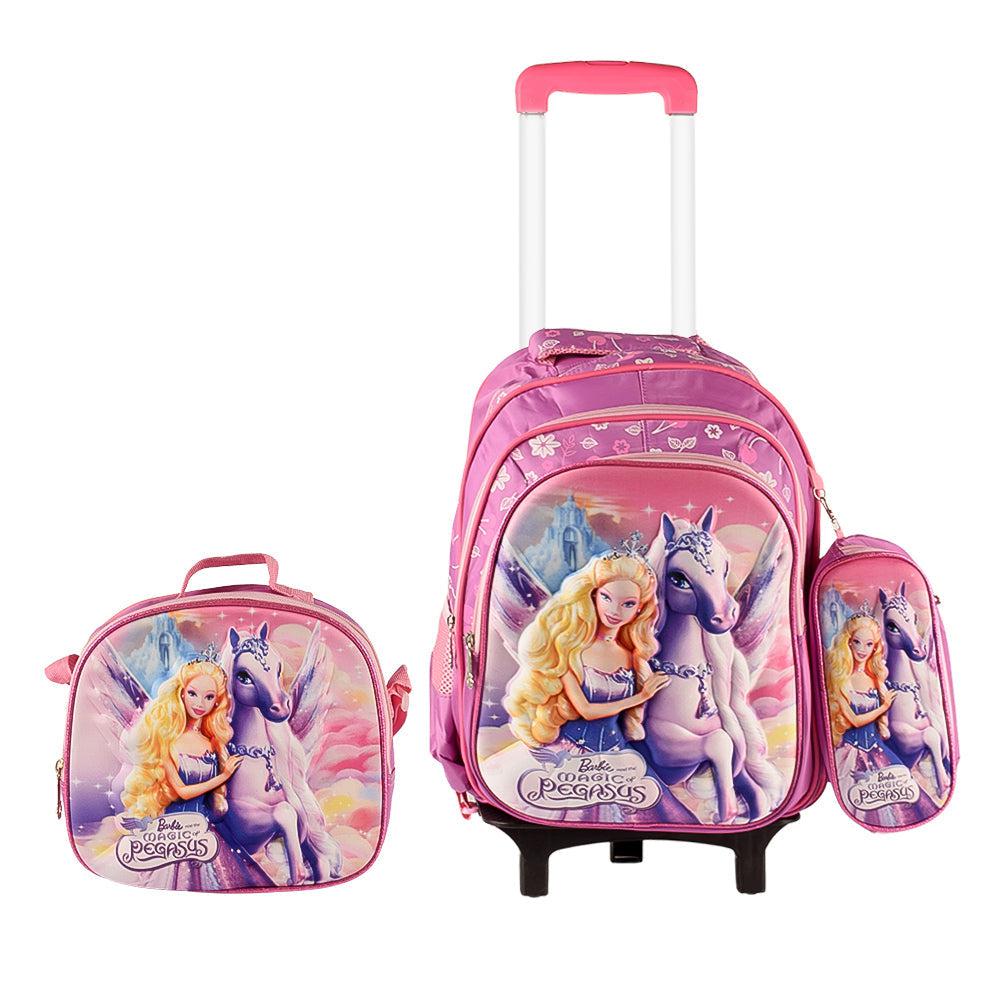 Barbie 3PCS Detachable Rolling Backpack for Girls With Lunch Bag Pencil Case 2Wheels Roll