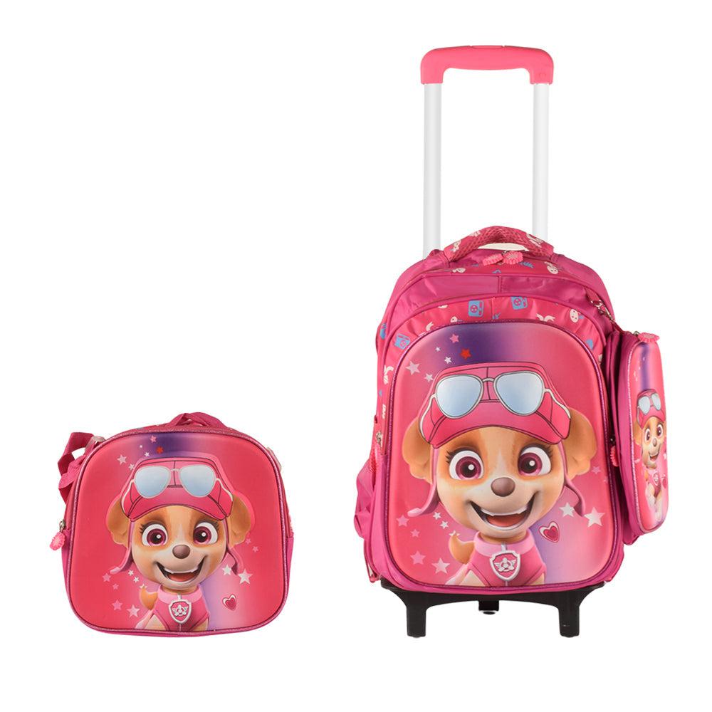 Dogs 3d 3PCS Detachable Rolling Backpack for Girls With Lunch Bag Pencil Case 2Wheels Roll