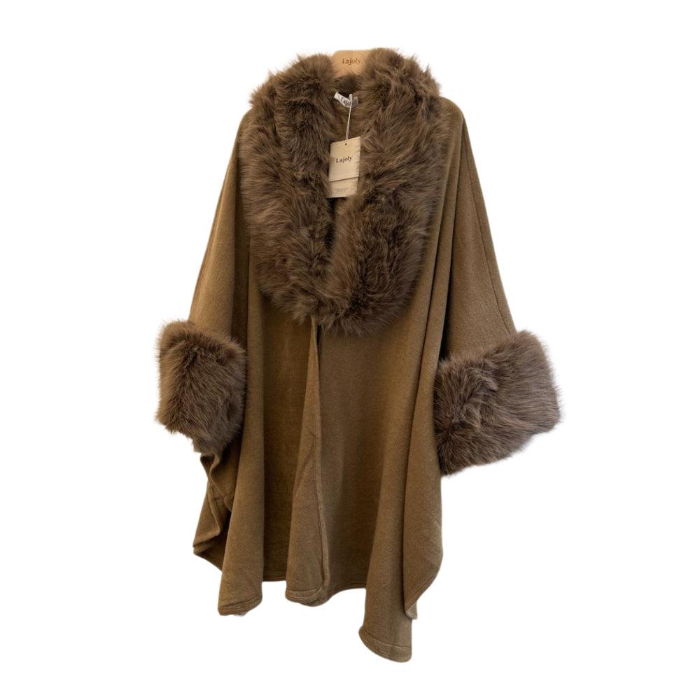 Fox Fur Trim Cape • Brown Cape With Fur Trim • Cashmere Cape With Fur • One Size Fits All