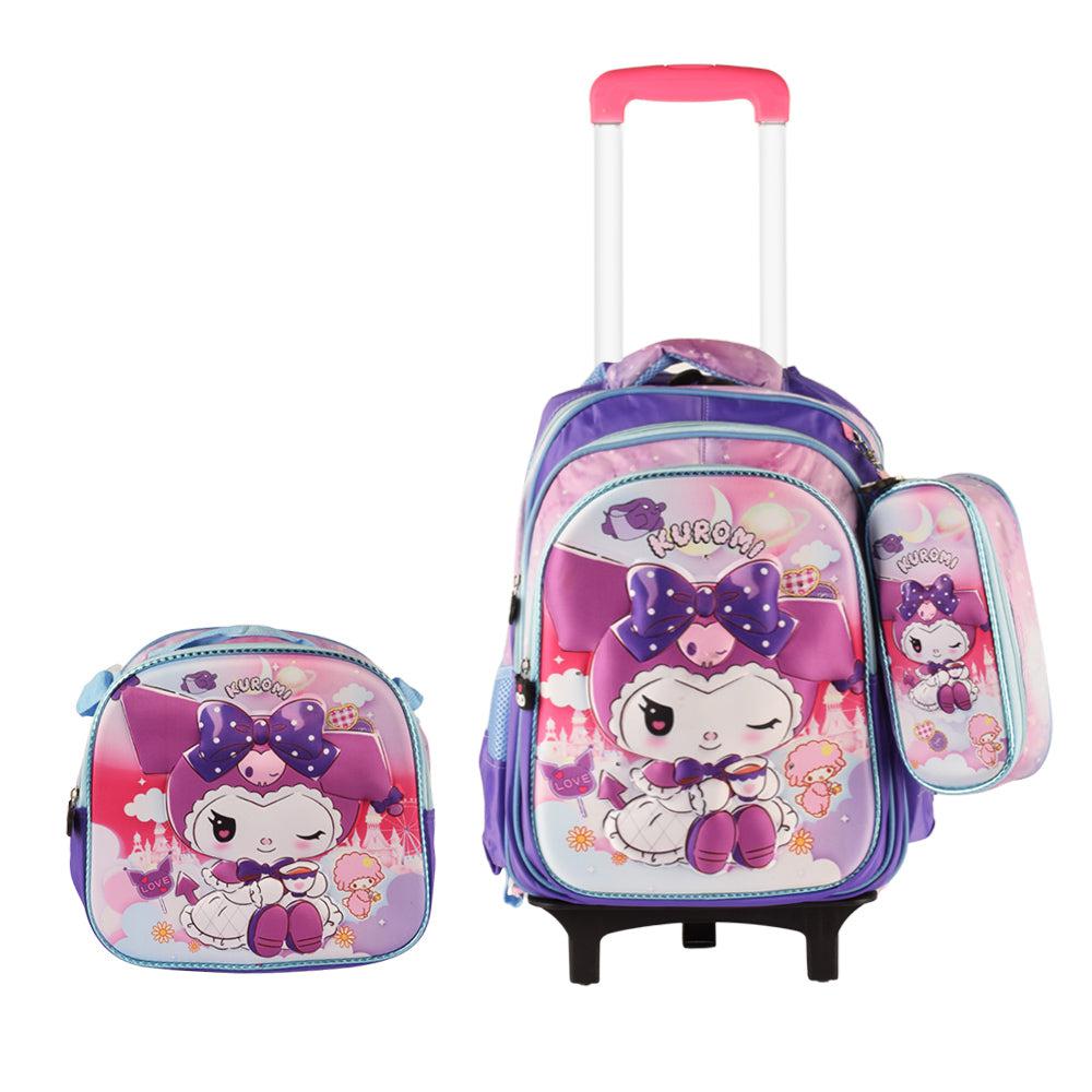 Kuromi 3PCS Detachable Rolling Backpack for Girls With Lunch Bag Pencil Case 2Wheels Roll