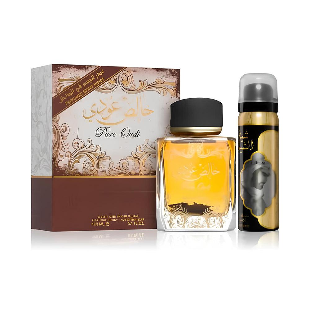 Lattafa Perfumes Pure Oudi (Khalis Oudi) 2 Piece Set For Unisex (3.4 Ounce Eau De Parfum Spray + 1.7 Ounce Perfumed Body Spray)