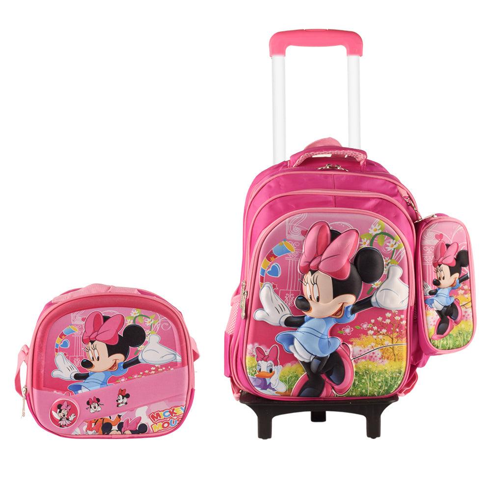 Minnie Mouse 3PCS Detachable Rolling Backpack for Girls With Lunch Bag Pencil Case 2Wheels Roll