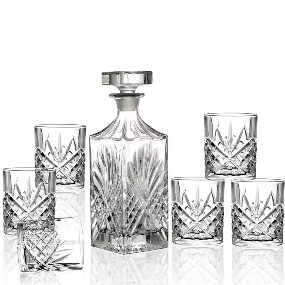 New embossing design whiskey decanter set square shape clear glass whiskey glass set in bulk