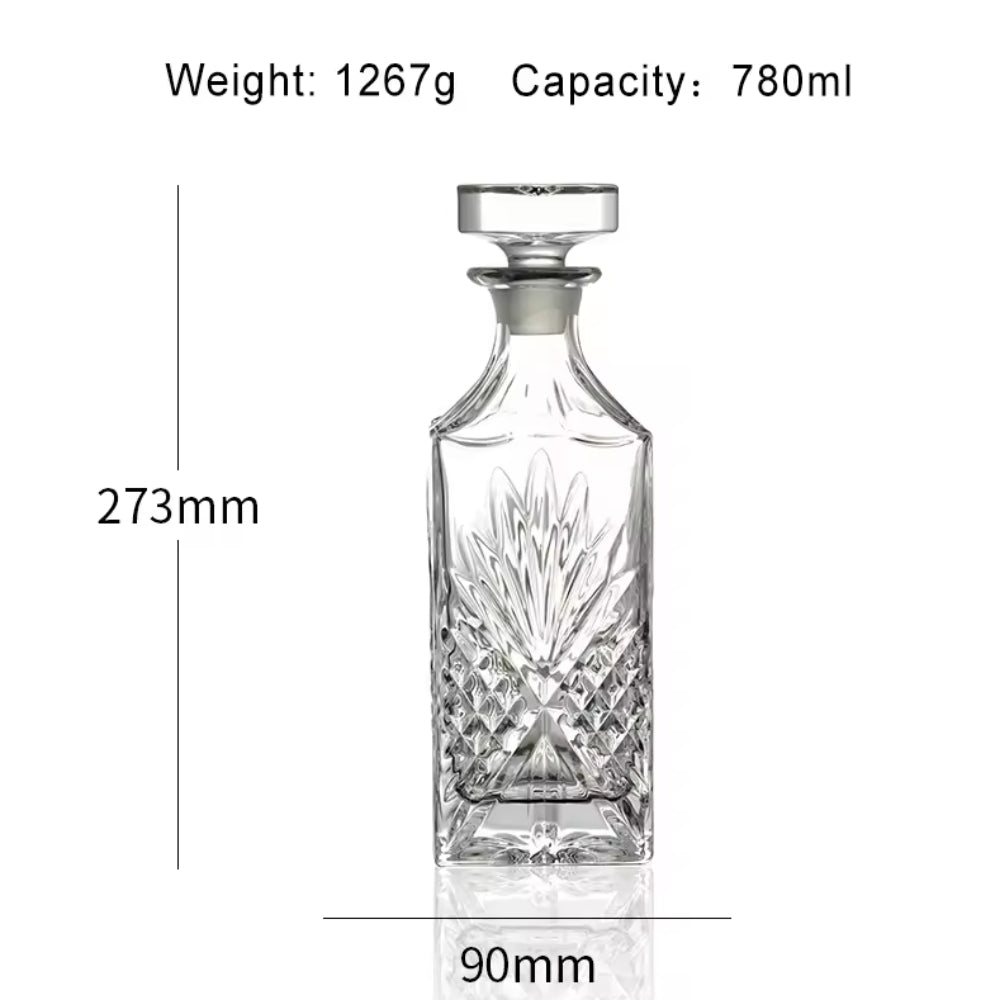 New embossing design whiskey decanter set square shape clear glass whiskey glass set in bulk