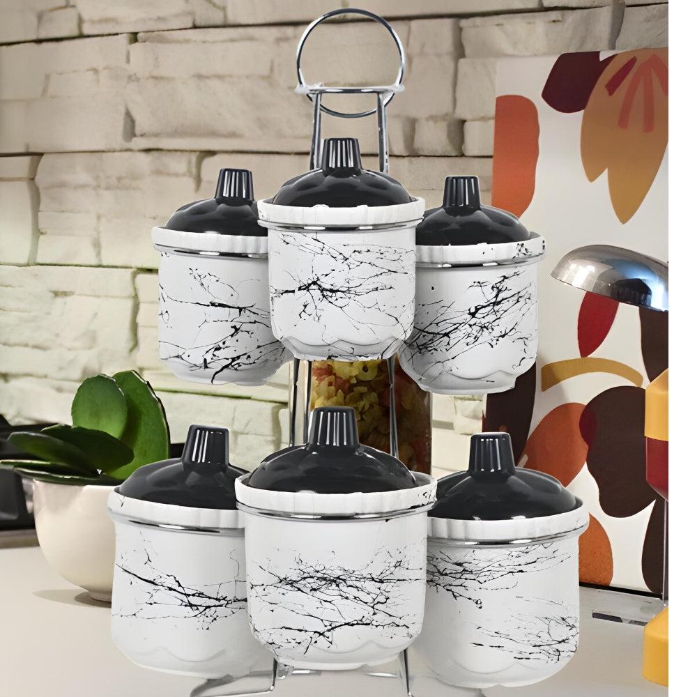 Porcelain Spice Rack With Metal Stand 6-Pcs Spice Set Patterned Spice Set