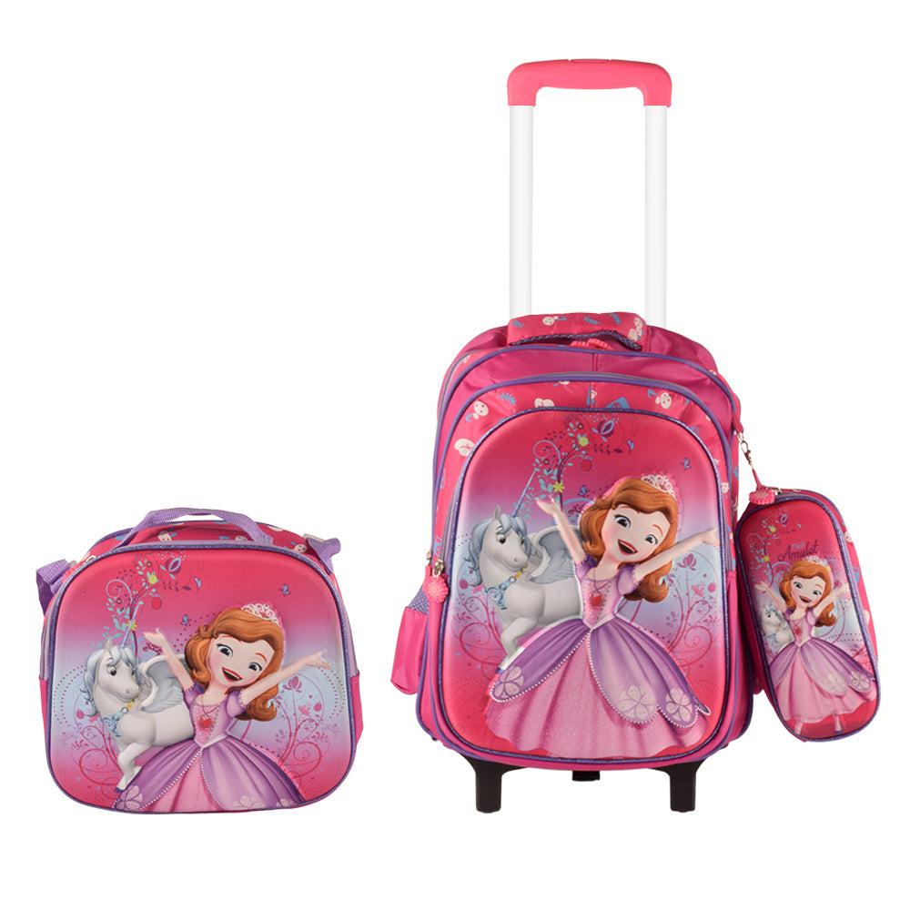 Princess Sofia 3PCS Detachable Rolling Backpack for Girls With Lunch Bag Pencil Case 2Wheels Roll