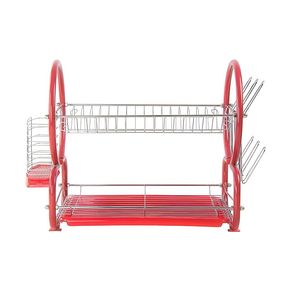 Professional Dish Drainer | 2 Tier Aluminium Dish Drying Rack | Dish Drainer With Detachable Plastic Drip Tray |Utensil And Cup Holder |Dish Rack For Kitchen Countertop (Red)