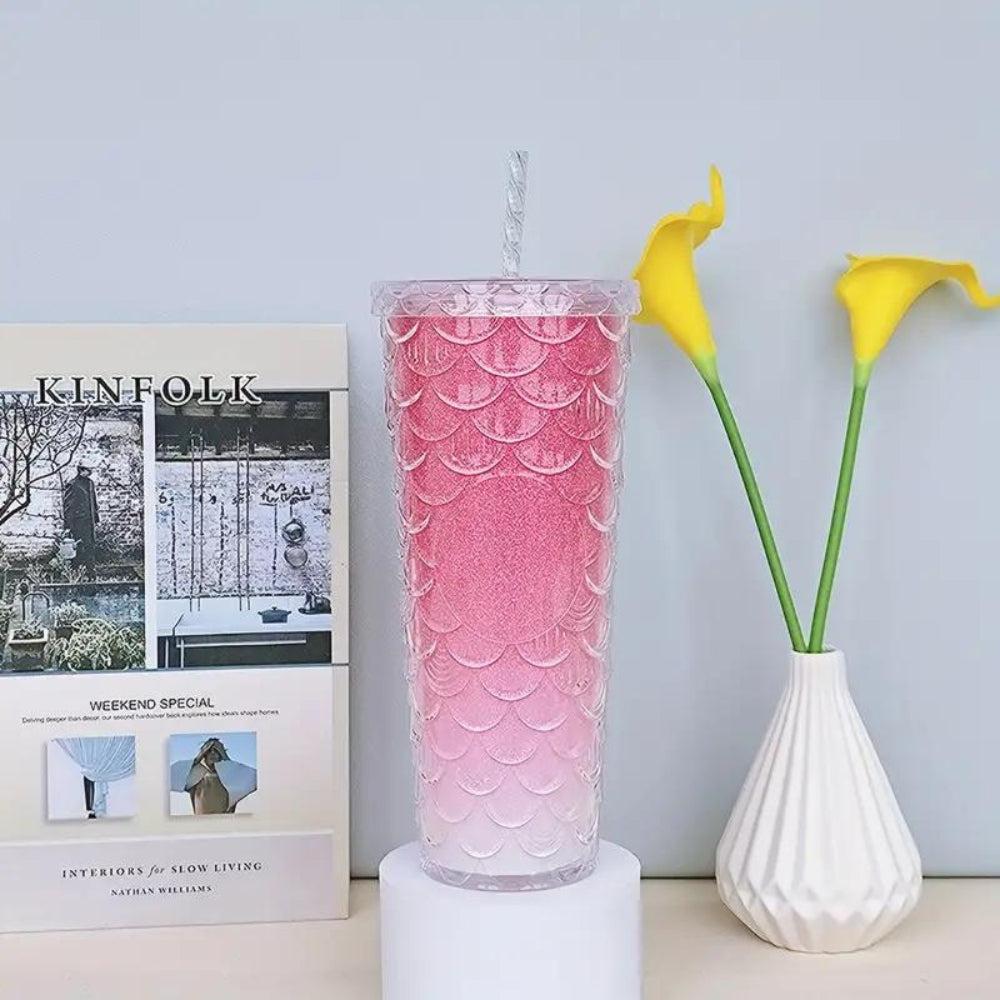 Trendy New Fish Scale Cup Fashion Double Plastic Straw Cup