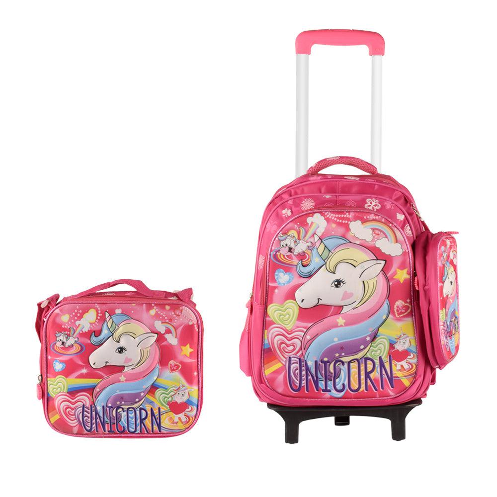 UniCorn 3d 3PCS Detachable Rolling Backpack for Girls With Lunch Bag Pencil Case 2Wheels Roll