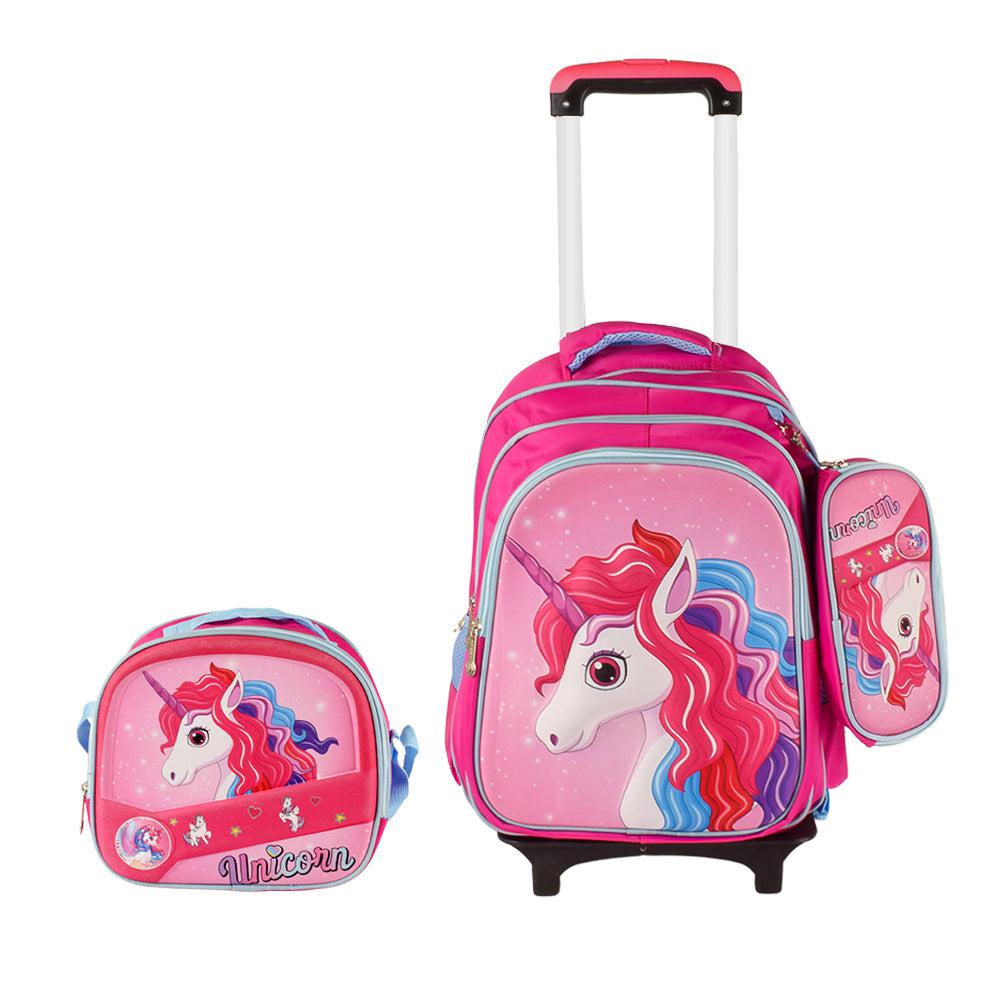 Unicorn 3PCS Detachable Rolling Backpack for Girls With Lunch Bag Pencil Case 2Wheels Roll