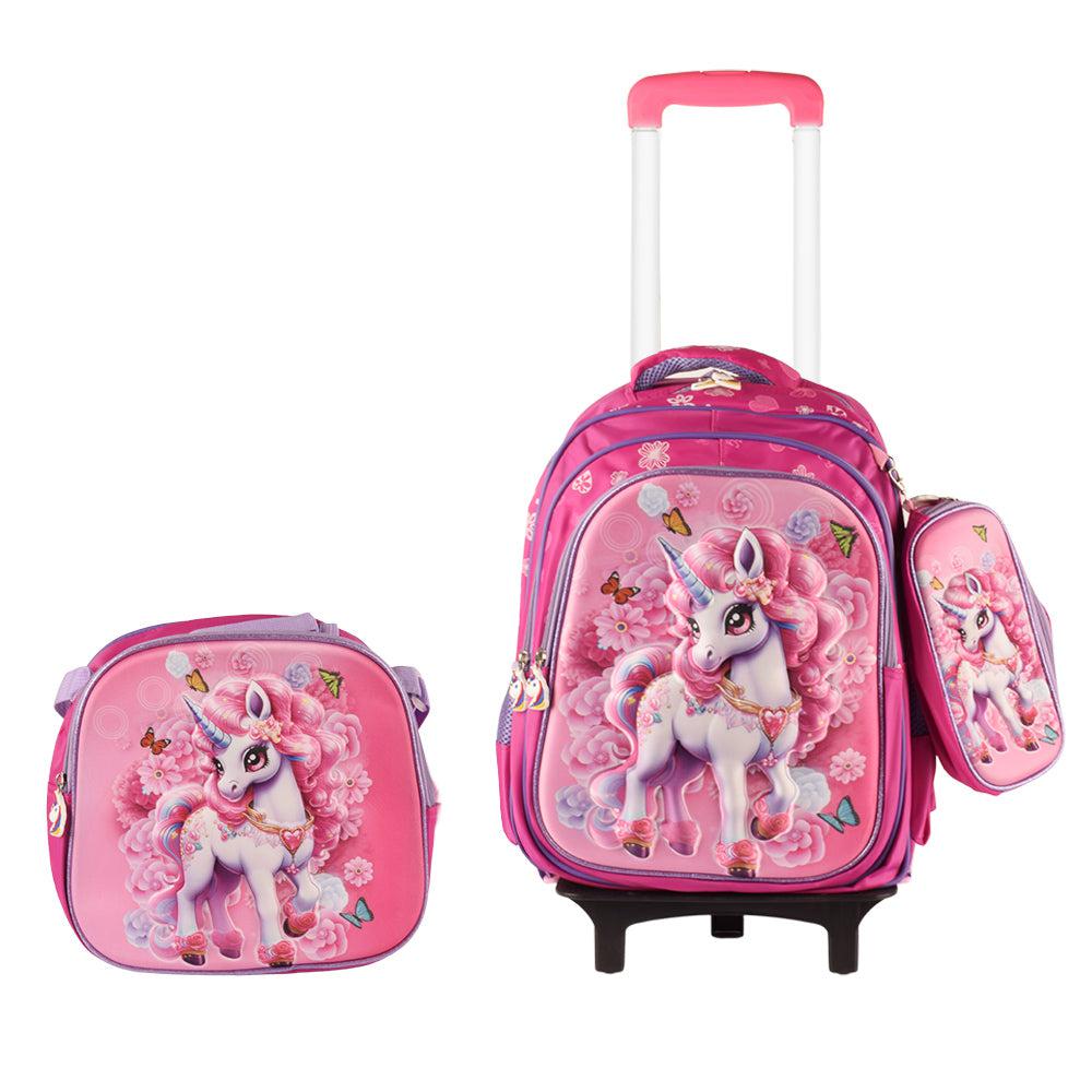 Unicorn 3PCS Detachable Rolling Backpack for Girls With Lunch Bag Pencil Case 2Wheels Roll