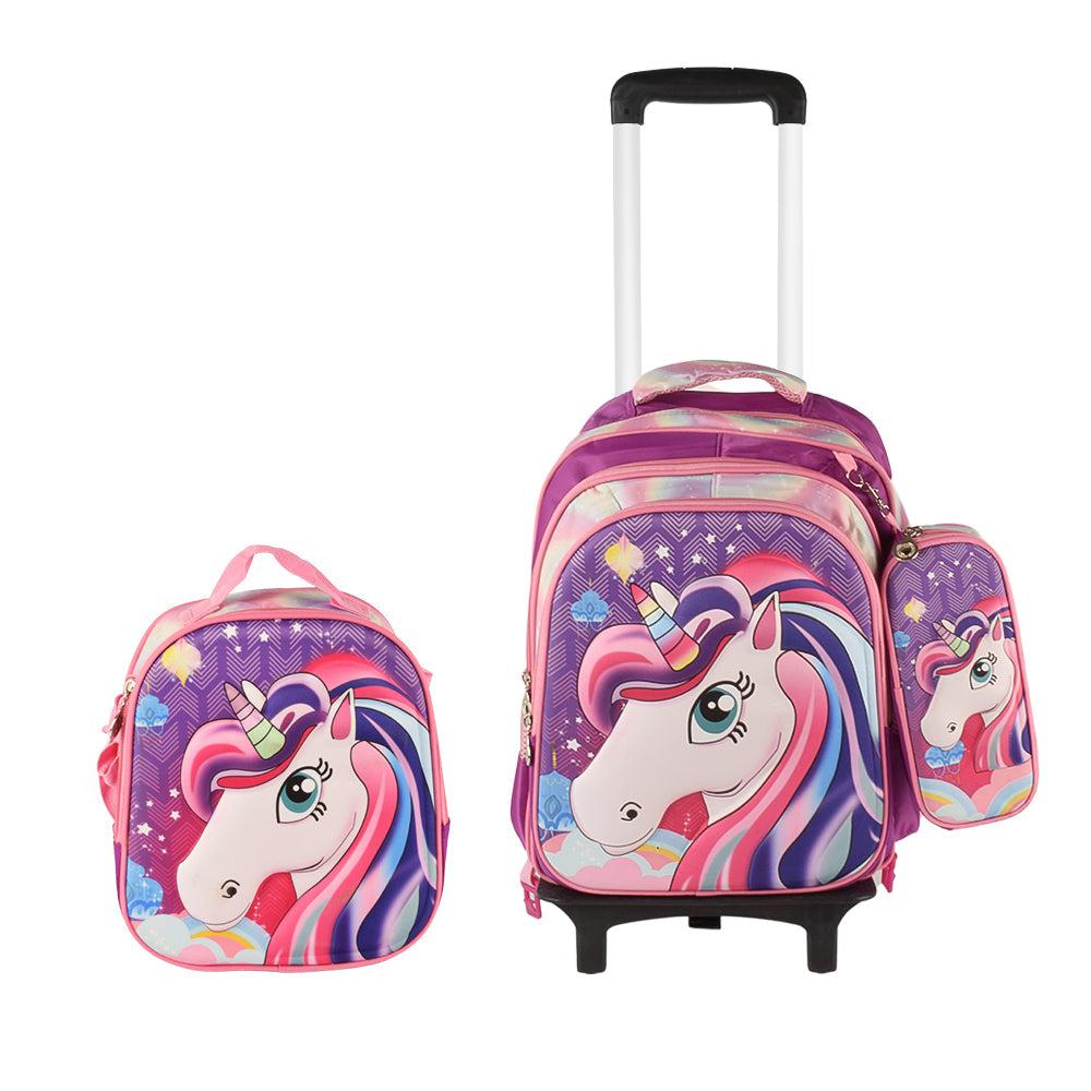 Unicorn 3PCS Detachable Rolling Backpack for Girls With Lunch Bag Pencil Case 2Wheels Roll