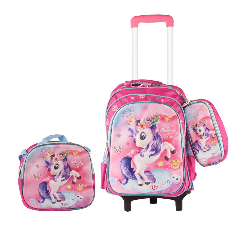 Unicorn 3PCS Detachable Rolling Backpack for Girls With Lunch Bag Pencil Case 2Wheels Roll