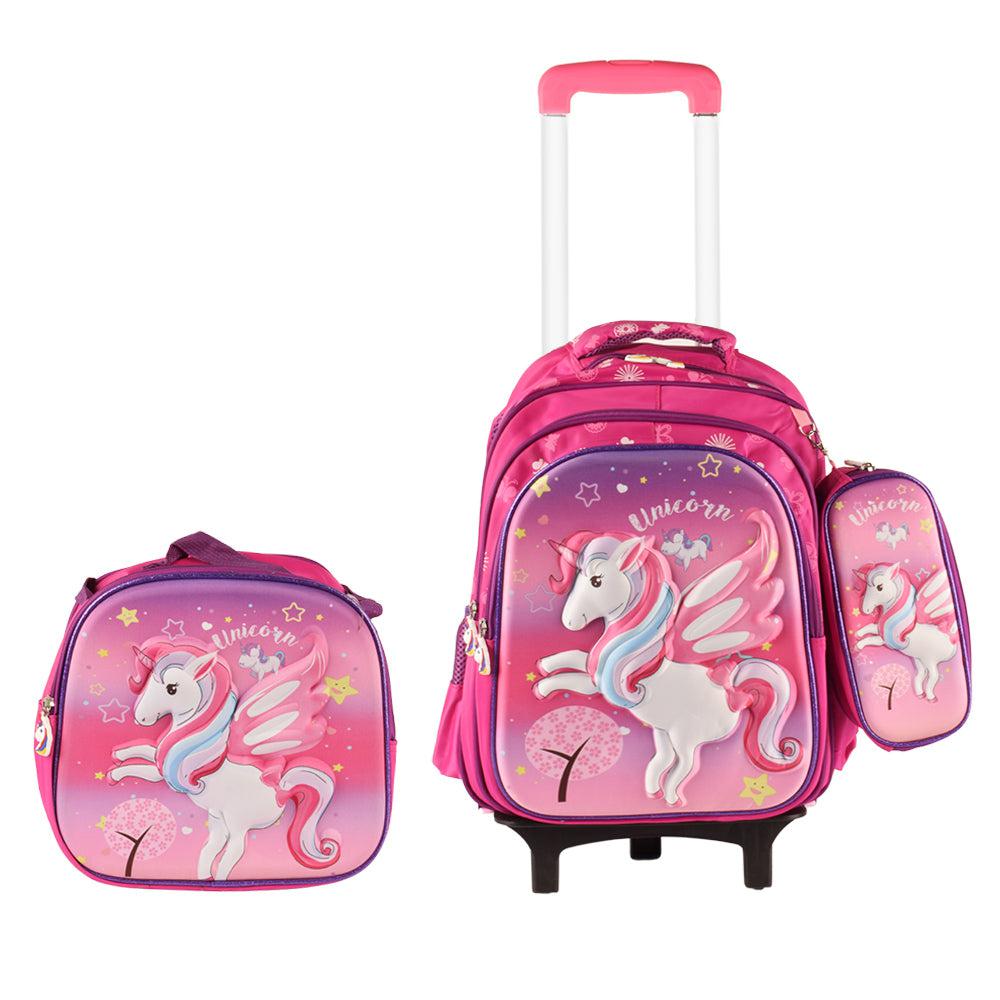 Unicorn 3PCS Detachable Rolling Backpack for Girls With Lunch Bag Pencil Case 2Wheels Roll