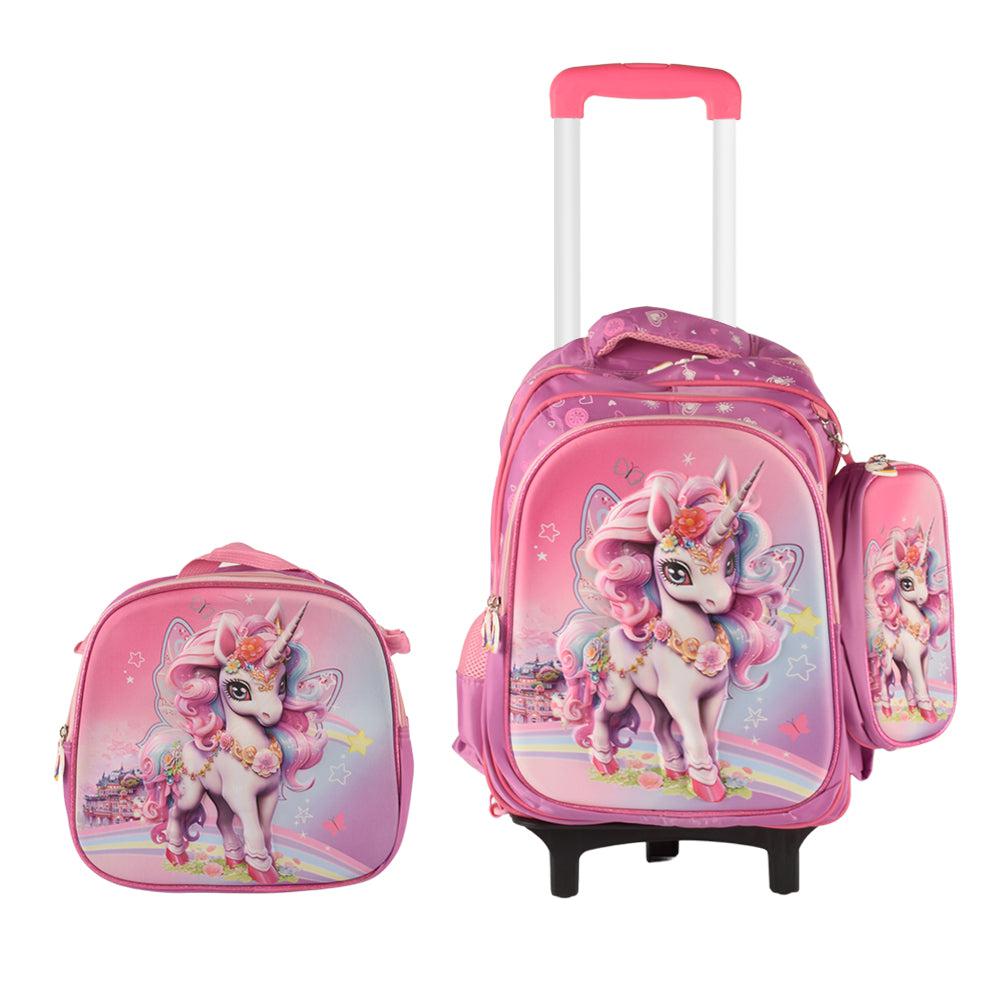 Unicorn 3d 3PCS Detachable Rolling Backpack for Girls With Lunch Bag Pencil Case 2Wheels Roll