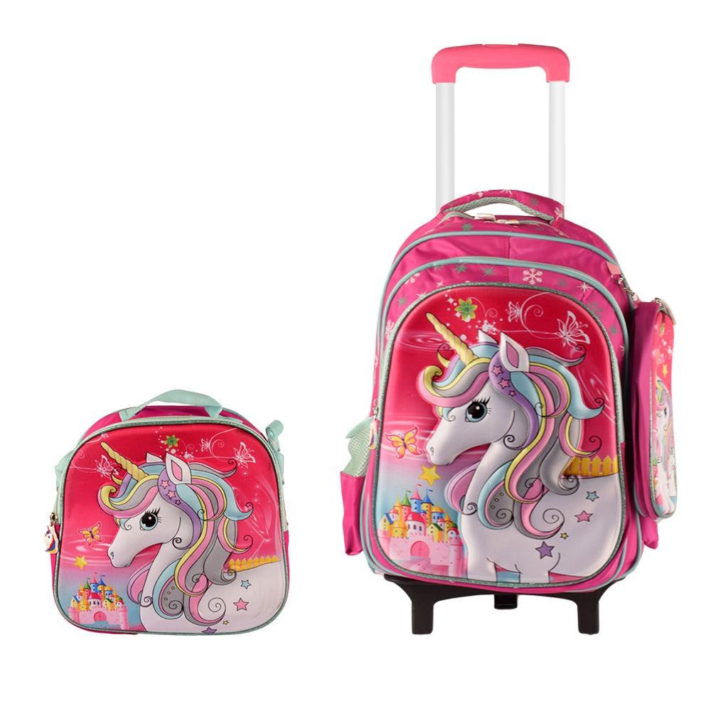 Unicorn 3d 3PCS Detachable Rolling Backpack for Girls With Lunch Bag Pencil Case 2Wheels Roll