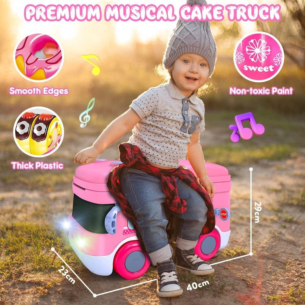 VATOS Play Food Kitchen Accessories 3 In 1 Girls Toy - Toy Tea Set/Lights & Musi Car Truck/Storage Box, Plastic Cake Play Food Kitchen Sets Pretend Role Cake Bus For Kids Girls Toddlers