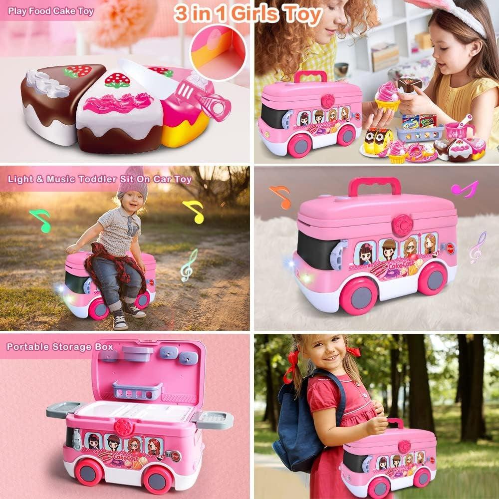 VATOS Play Food Kitchen Accessories 3 In 1 Girls Toy - Toy Tea Set/Lights & Musi Car Truck/Storage Box, Plastic Cake Play Food Kitchen Sets Pretend Role Cake Bus For Kids Girls Toddlers