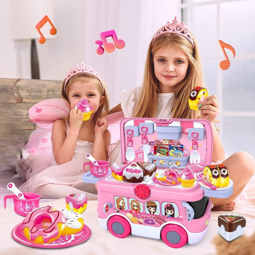 VATOS Play Food Kitchen Accessories 3 In 1 Girls Toy - Toy Tea Set/Lights & Musi Car Truck/Storage Box, Plastic Cake Play Food Kitchen Sets Pretend Role Cake Bus For Kids Girls Toddlers