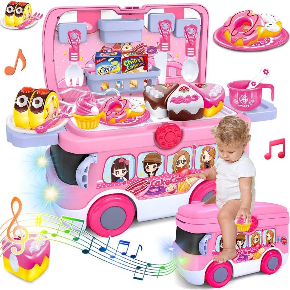 VATOS Play Food Kitchen Accessories 3 In 1 Girls Toy - Toy Tea Set/Lights & Musi Car Truck/Storage Box, Plastic Cake Play Food Kitchen Sets Pretend Role Cake Bus For Kids Girls Toddlers