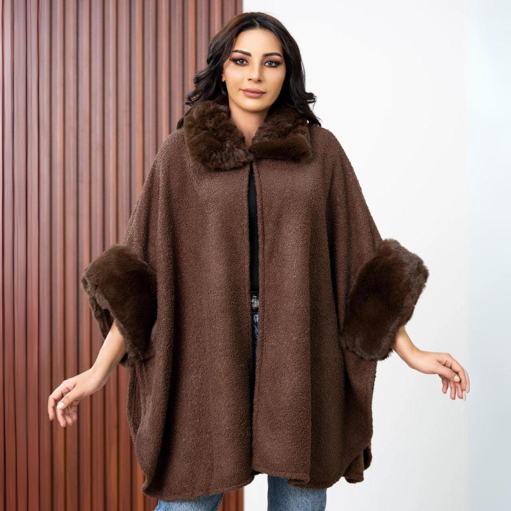 Women Faux Fur Collar Leopard Poncho Outwear Loose Winter Warm Fashion Cape Coat