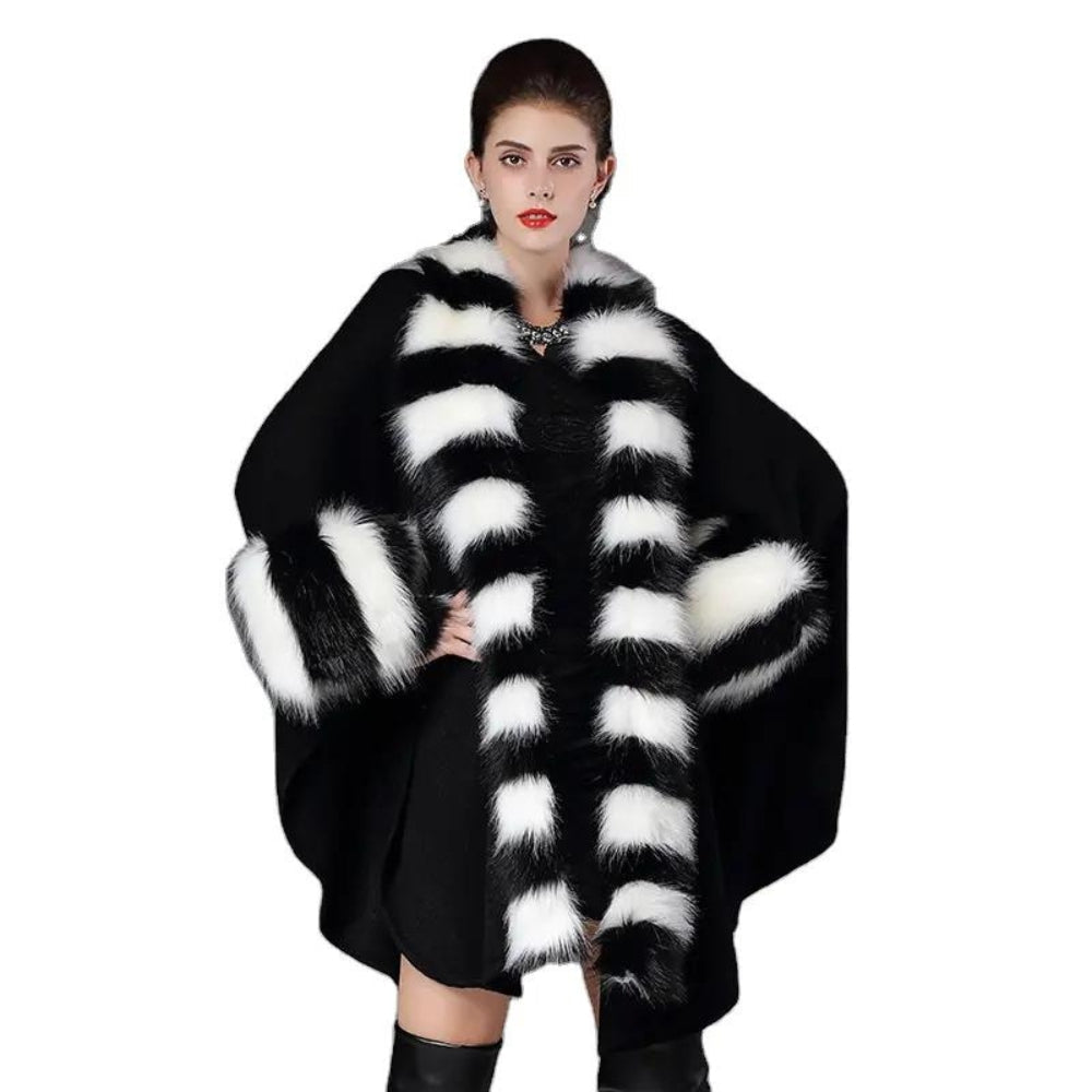 Women Large Size Loose Black And White Faux Fox Fur Collar Knitted Cardigan Shawl Cloak Coat