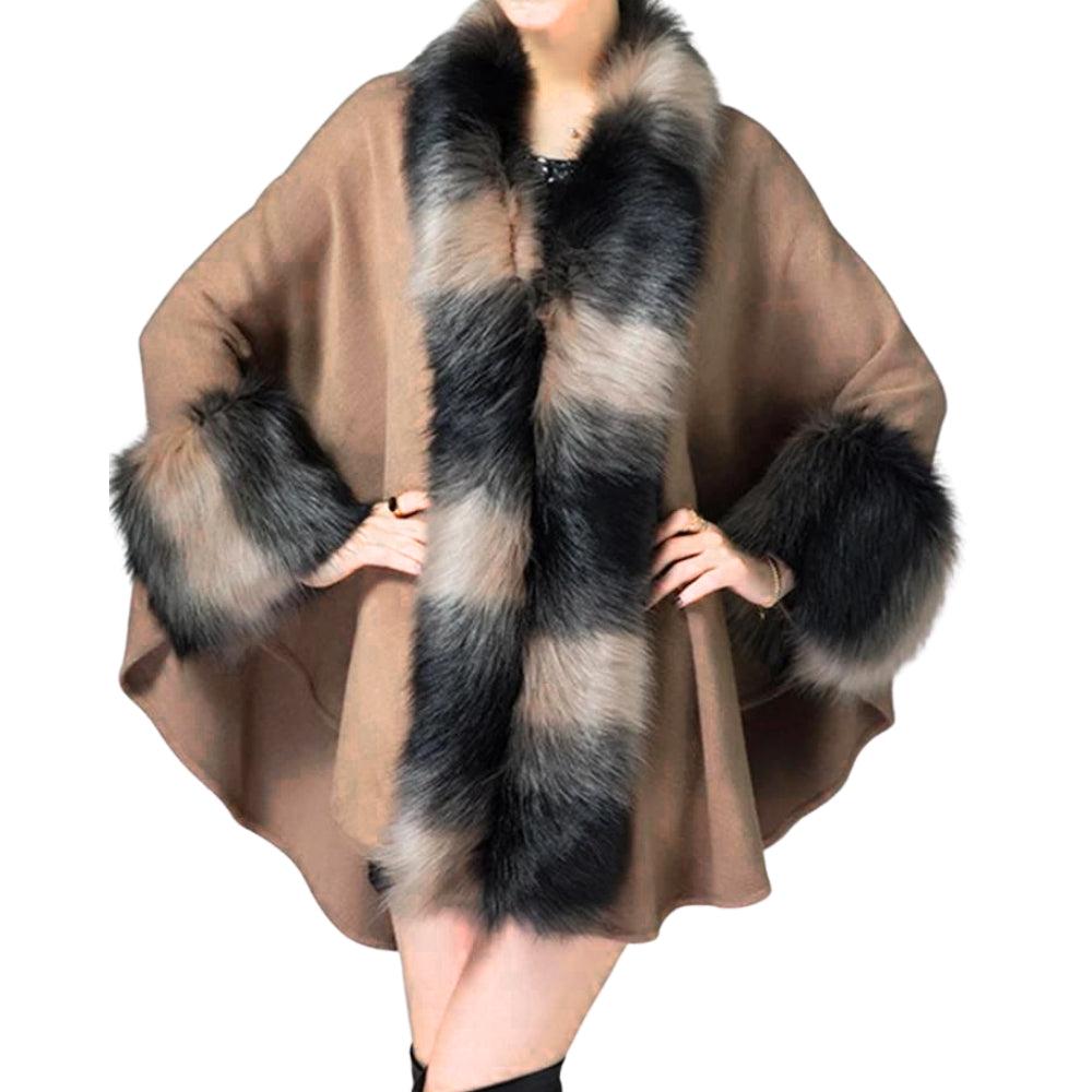 Women Large Size Loose Brown And White Faux Fox Fur Collar Knitted Cardigan Shawl Cloak Coat