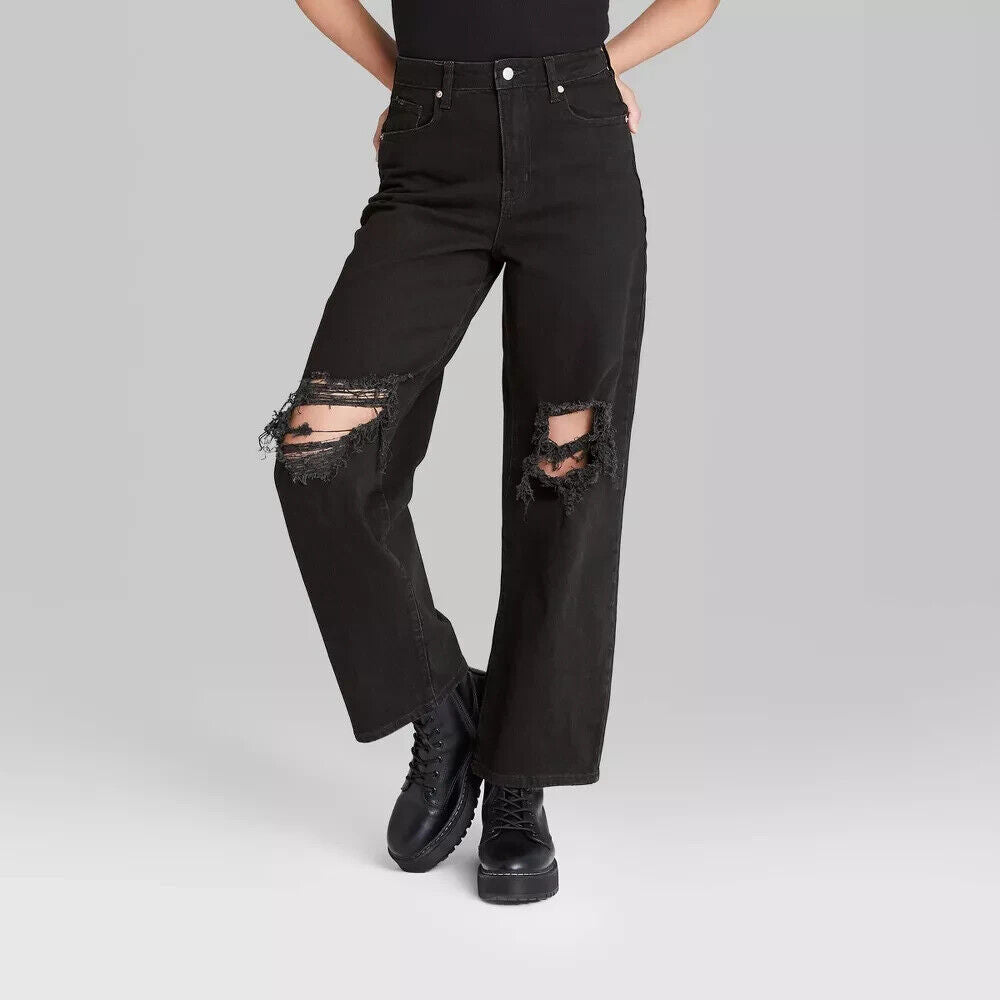 Women Super-High Rise Distressed Baggy Jeans - Wild Fable - Black Wash