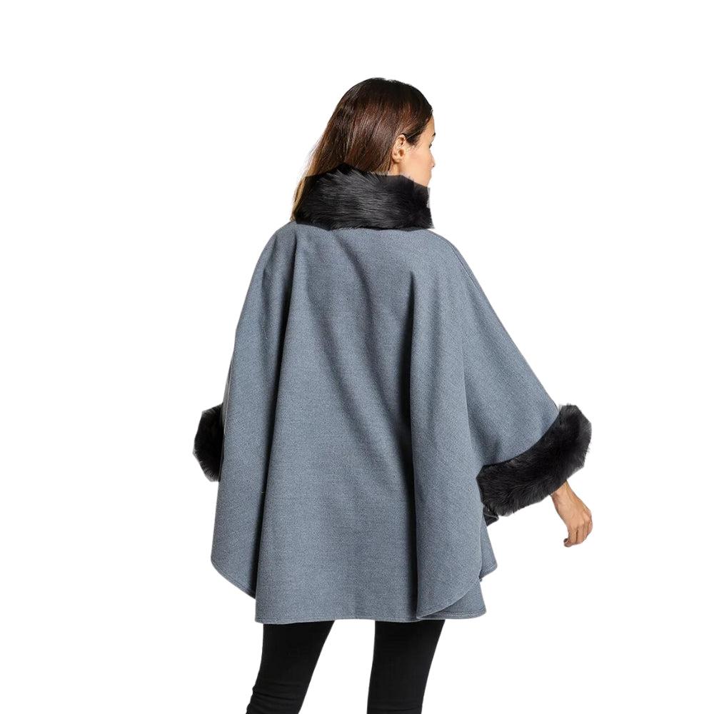 Women Winter Wool Poncho And Capes With Faux Fox Fur Stand Collar Overcoat Flare Sleeve Button